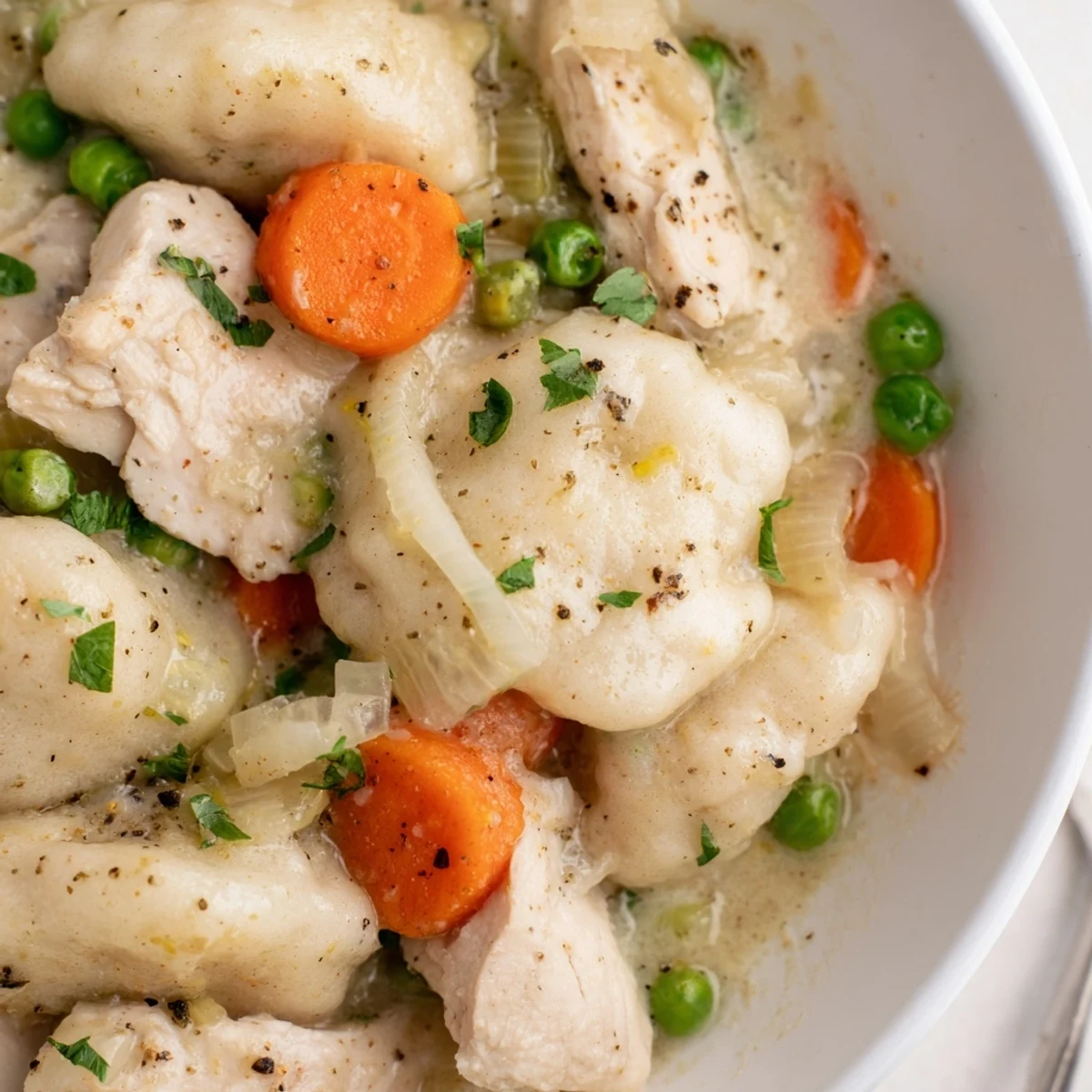 One Pot Chicken And Dumplings steaming, tender chicken with fluffy herb dumplings