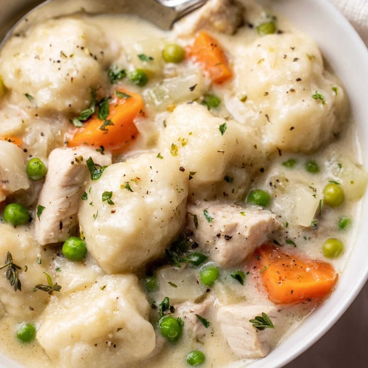 Bowl-ready One Pot Chicken And Dumplings topped with parsley, served hot with crusty bread