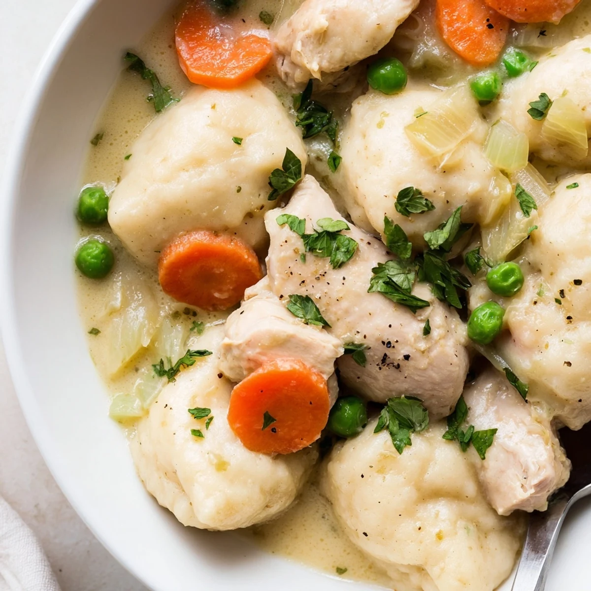 Slow-simmered One Pot Chicken And Dumplings with buttery broth and garden vegetables