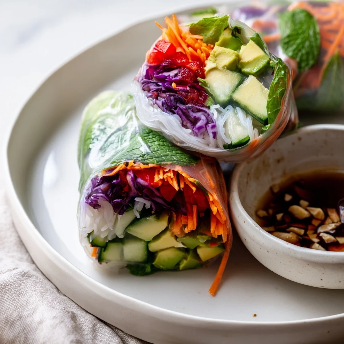 Gluten Free Vegetable Spring Rolls on a platter with tangy dipping sauce
