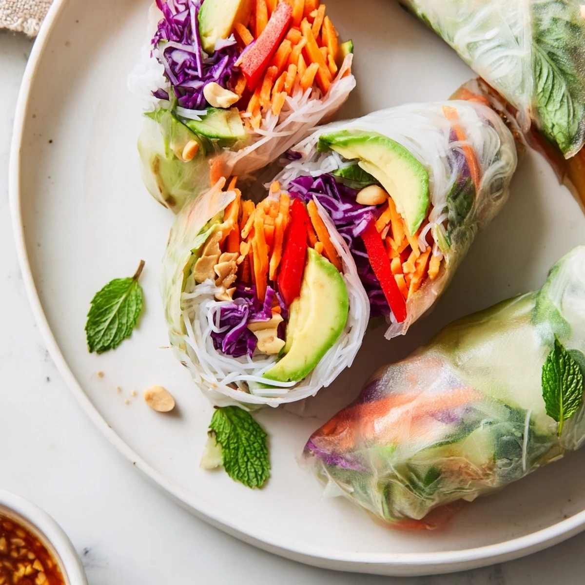 Hand-rolled Gluten Free Vegetable Spring Rolls beside warm soy-ginger dipping bowl