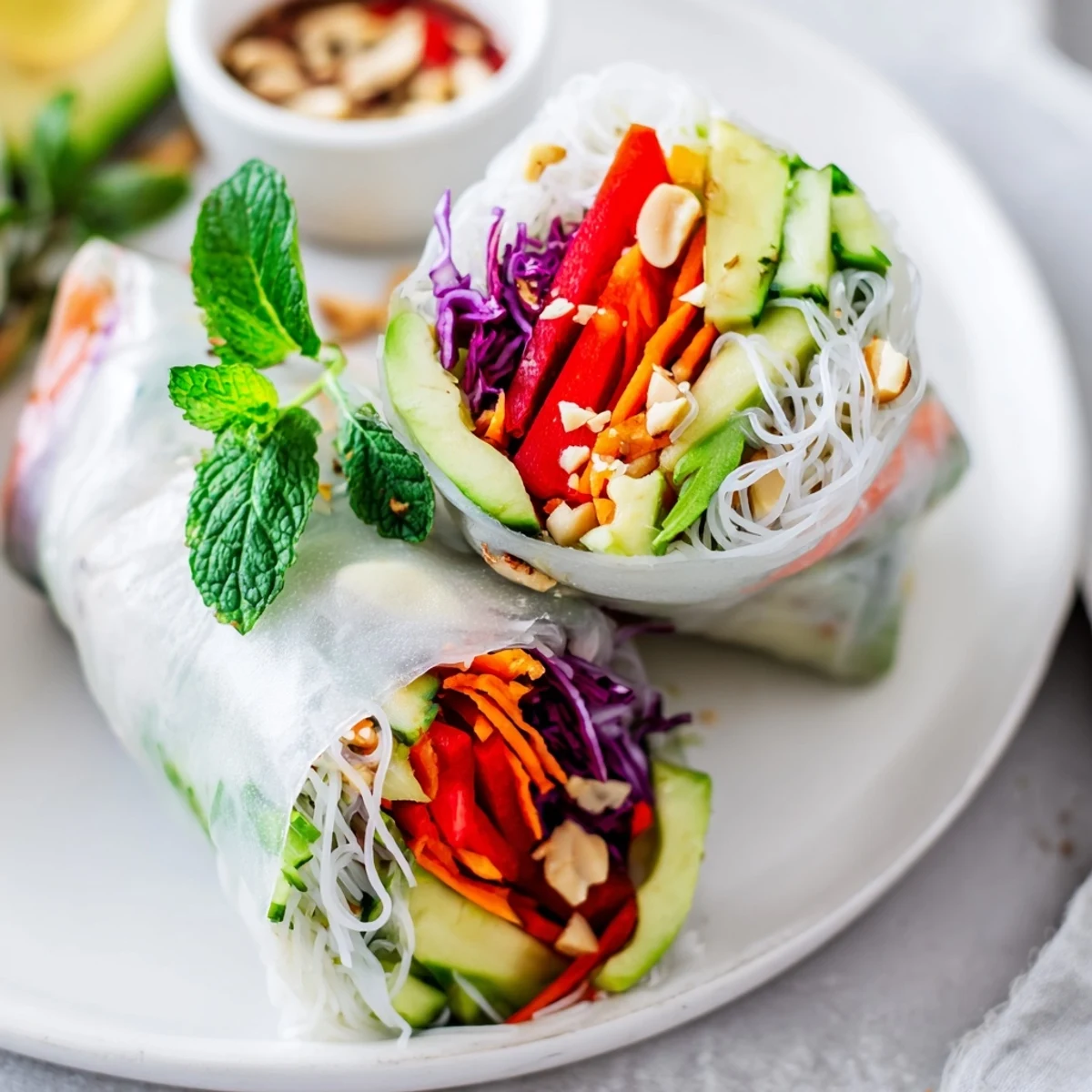 Fresh Gluten Free Vegetable Spring Rolls with crisp herbs and creamy avocado