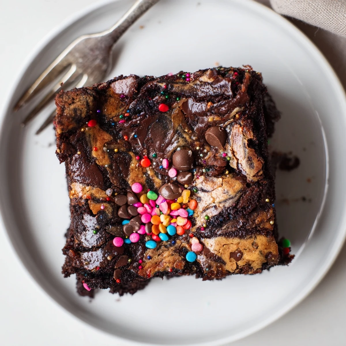 Sourdough Cosmic Chocolate Brownies cooling on rack, glossy fudgy squares with sprinkles