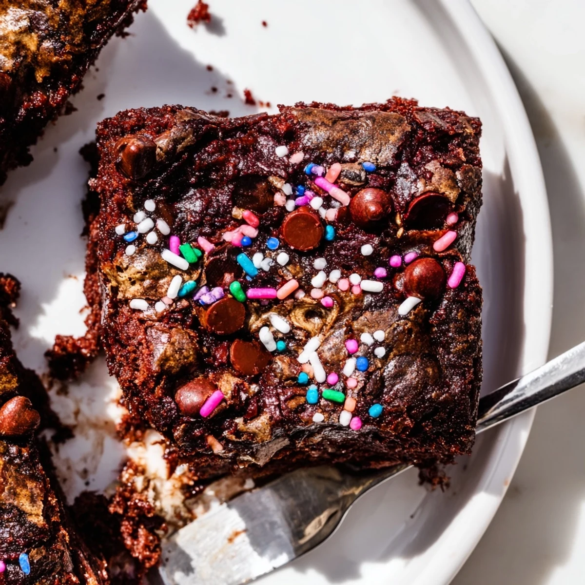 Close-up of Sourdough Cosmic Chocolate Brownies showing gooey center and rainbow topping