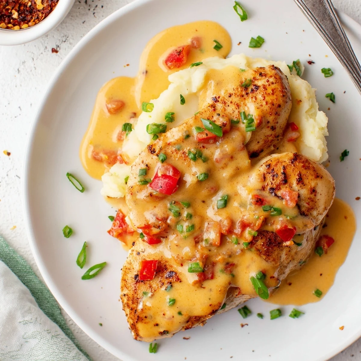 Sliced Mississippi Mud Chicken over mashed potatoes, rich tangy sauce dripping