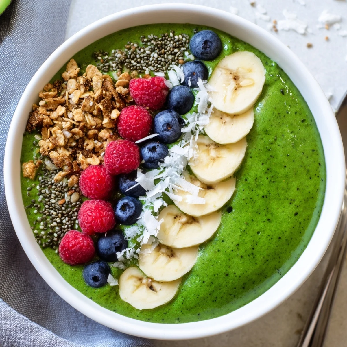 Vibrant Green Smoothie Bowl with Spirulina, Banana & Hemp Seeds, creamy and bright