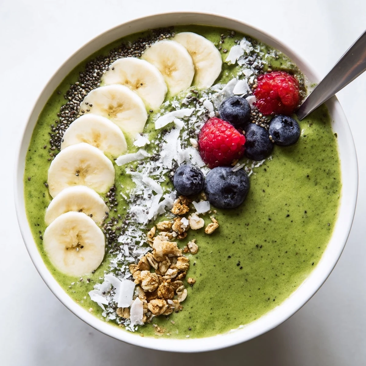 Green Smoothie Bowl with Spirulina, Banana & Hemp Seeds, topped with berries and coconut