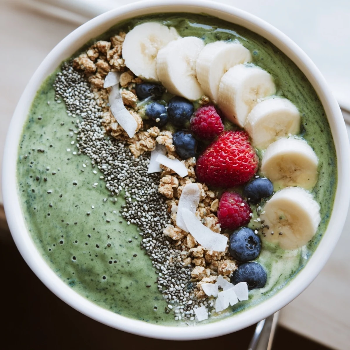 Spoon-ready Green Smoothie Bowl with Spirulina, Banana & Hemp Seeds, velvety with nutty crunch