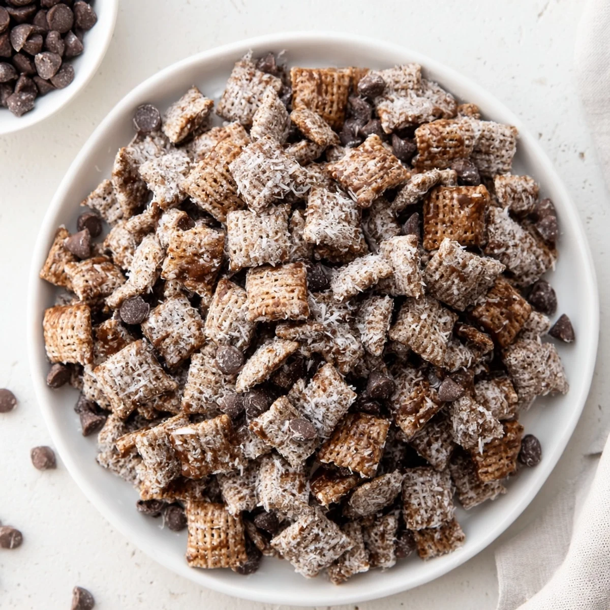 Samoas Puppy Chow Cereal piled on parchment, chocolate and caramel shine, toasted coconut