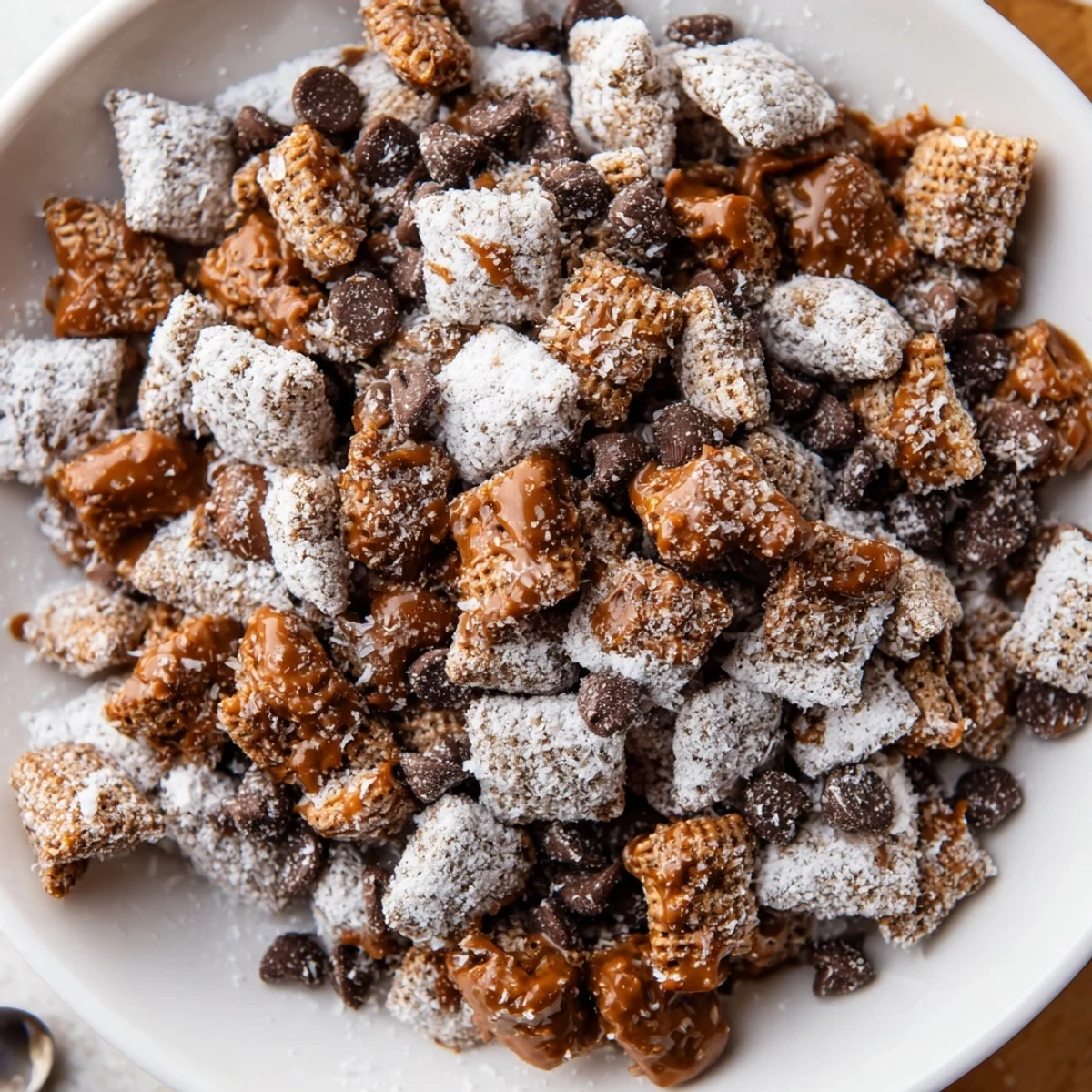 Bowl of Samoas Puppy Chow Cereal dusted with powdered sugar, ready for sharing