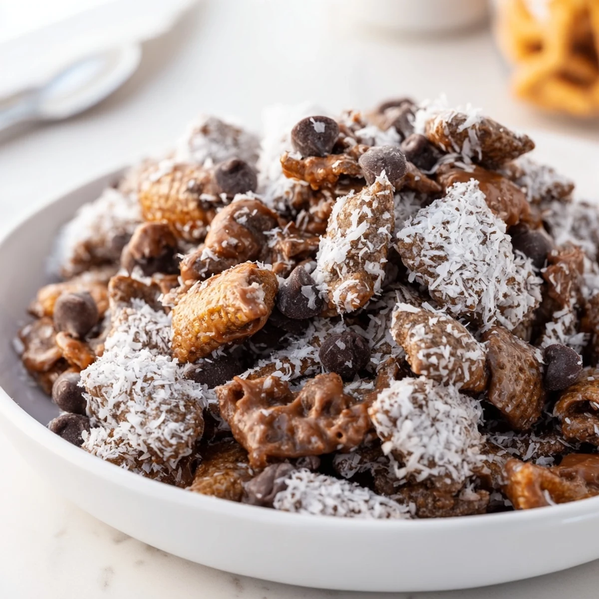 Close-up of Samoas Puppy Chow Cereal showing crunchy Chex clusters and coconut