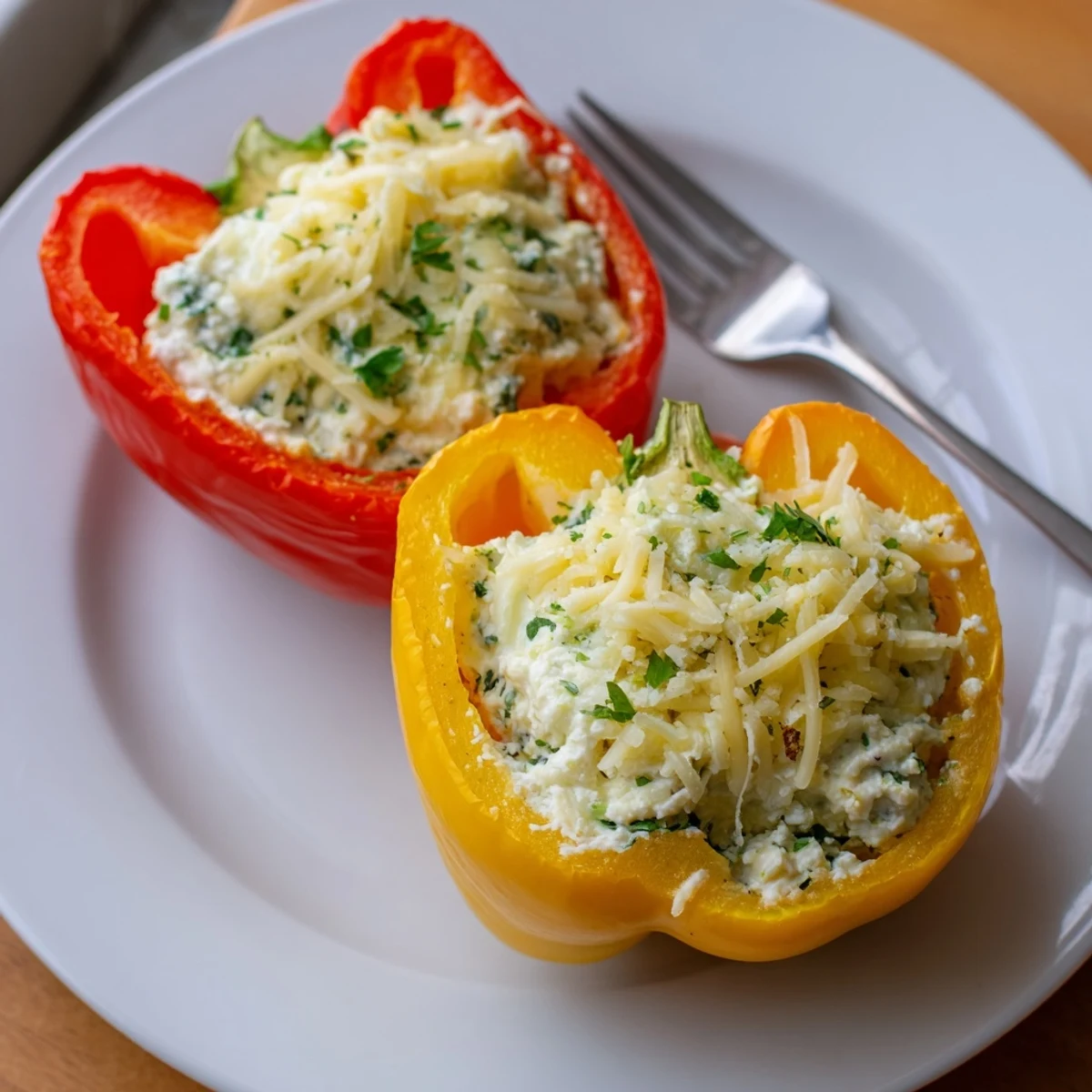 Warm Herby Ricotta Stuffed Peppers served with crusty bread and fresh basil