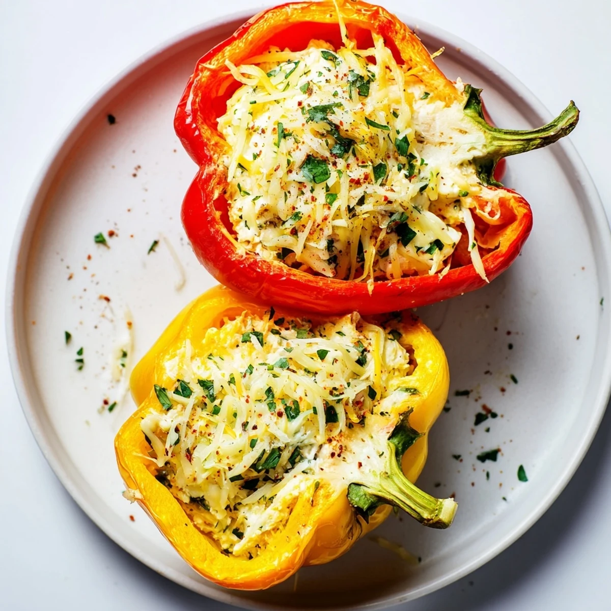 Herby Ricotta Stuffed Peppers, golden-topped and aromatic, resting in a baking dish