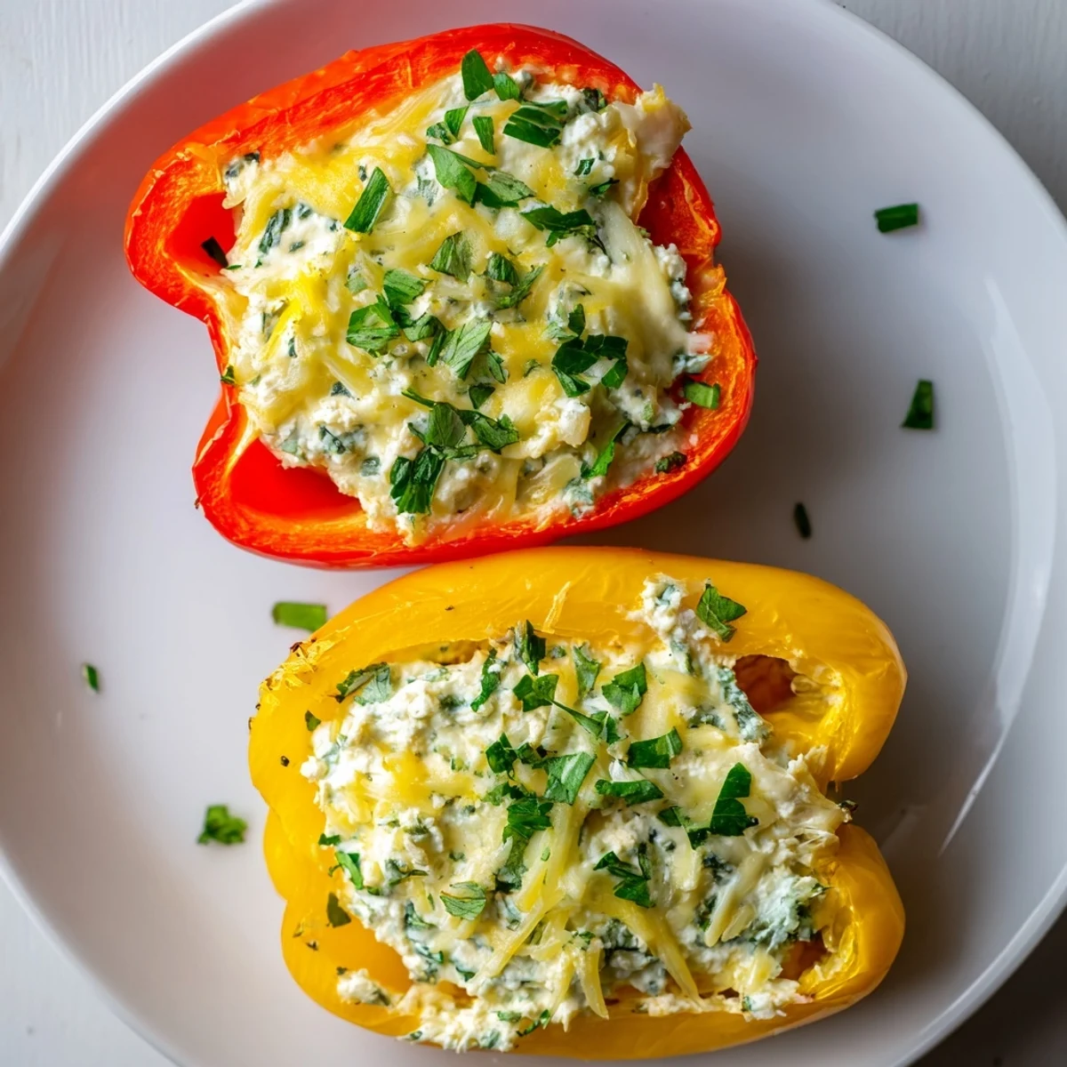 Close-up of Herby Ricotta Stuffed Peppers showing creamy filling and lemon zest