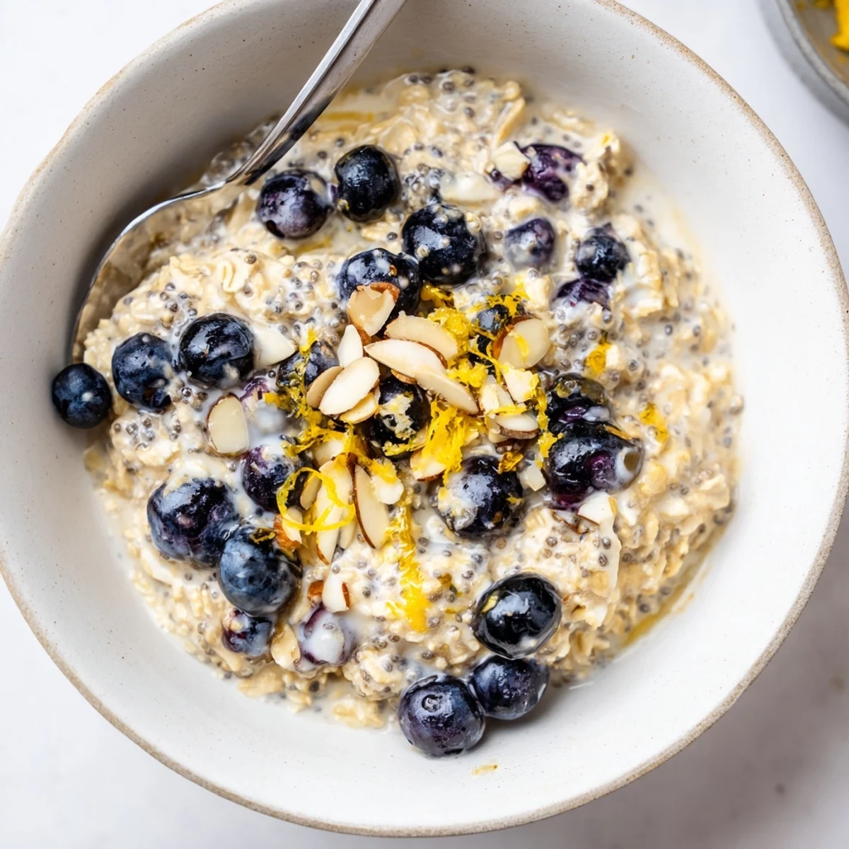 Chilled Blueberry Lemon Overnight Oats in a jar, creamy and ready.