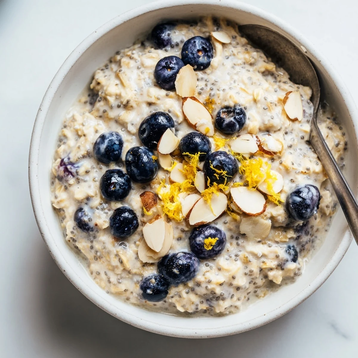 A breakfast jar showing Blueberry Lemon Overnight Oats stirred with lemon zest.