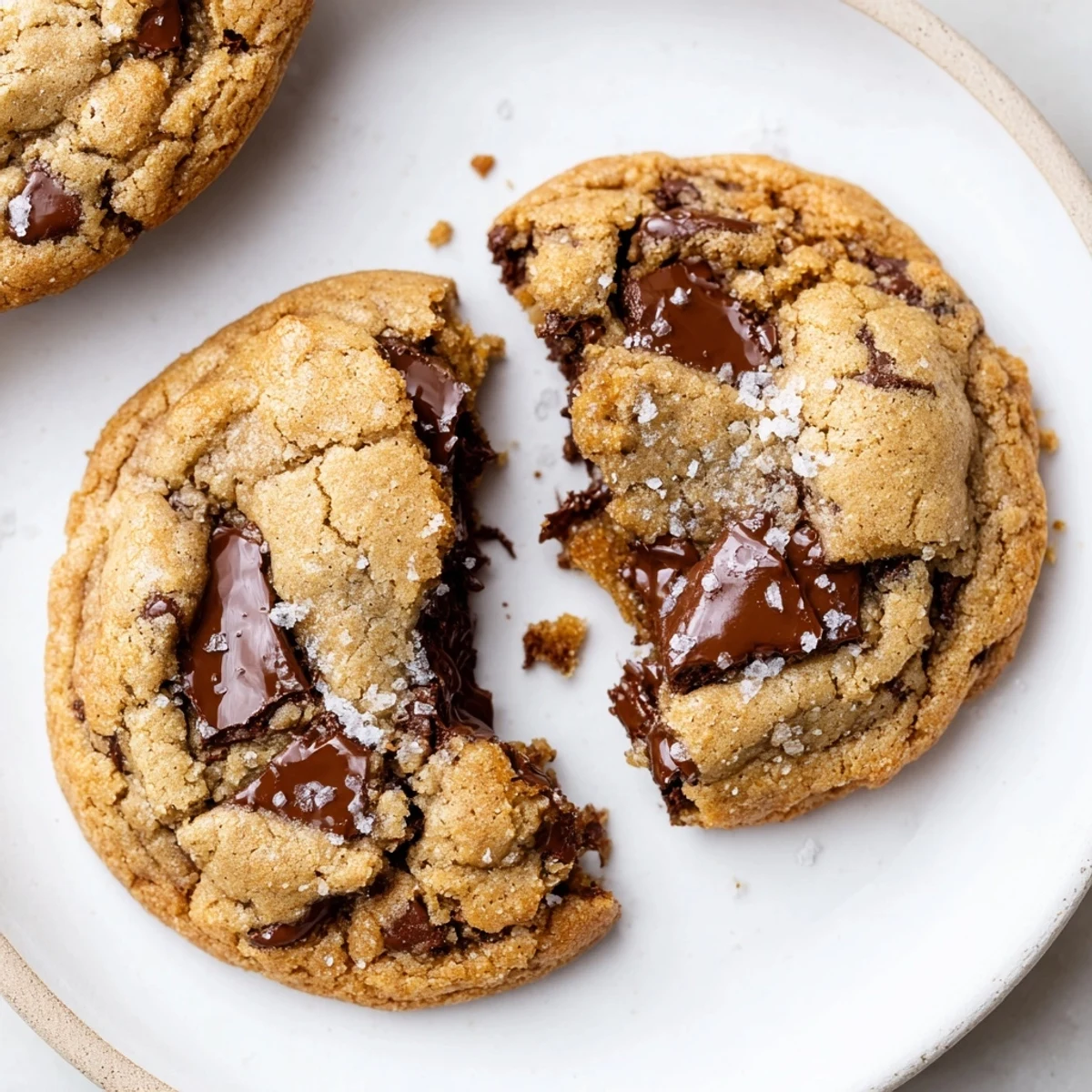 Freshly baked Brown Butter Chocolate Chip Cookies Recipe topped with flaky sea salt
