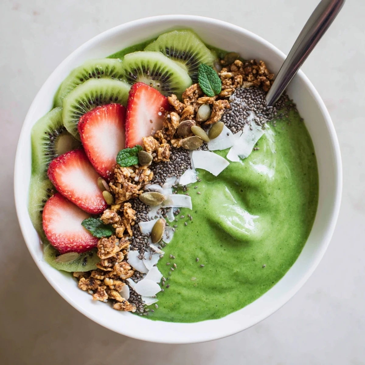 Green Smoothie Bowls with vibrant mango and banana base, topped with crunchy granola