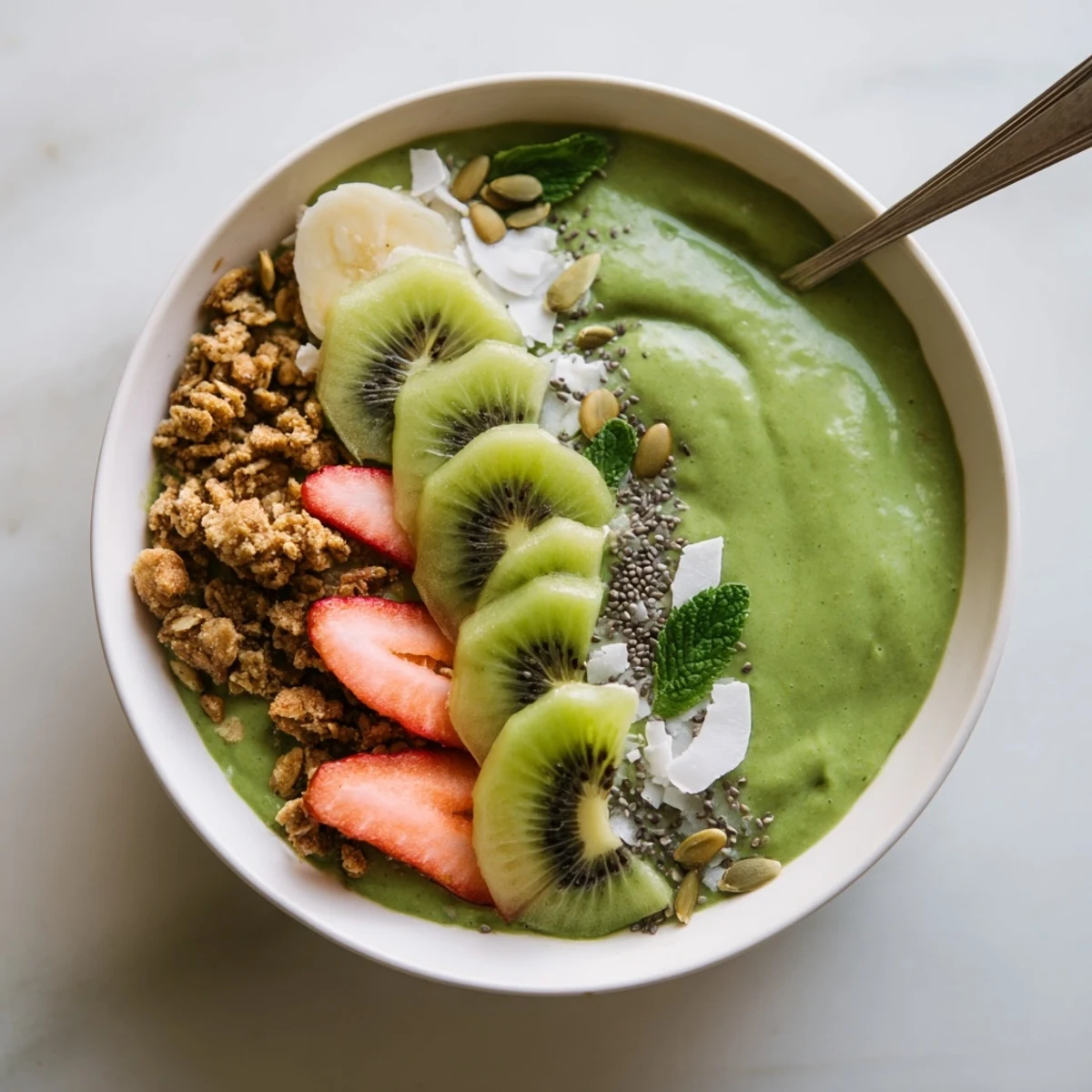 Bright Green Smoothie Bowls served for breakfast with spoon, fresh strawberries and seeds