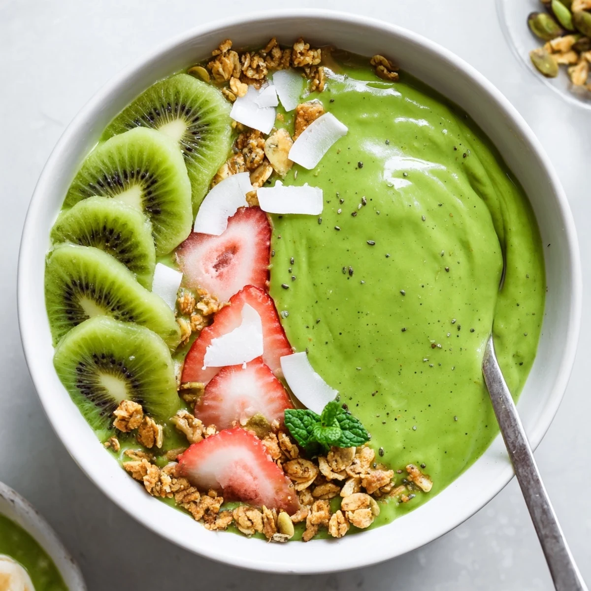Creamy Green Smoothie Bowls garnished with kiwi slices, coconut flakes, and mint