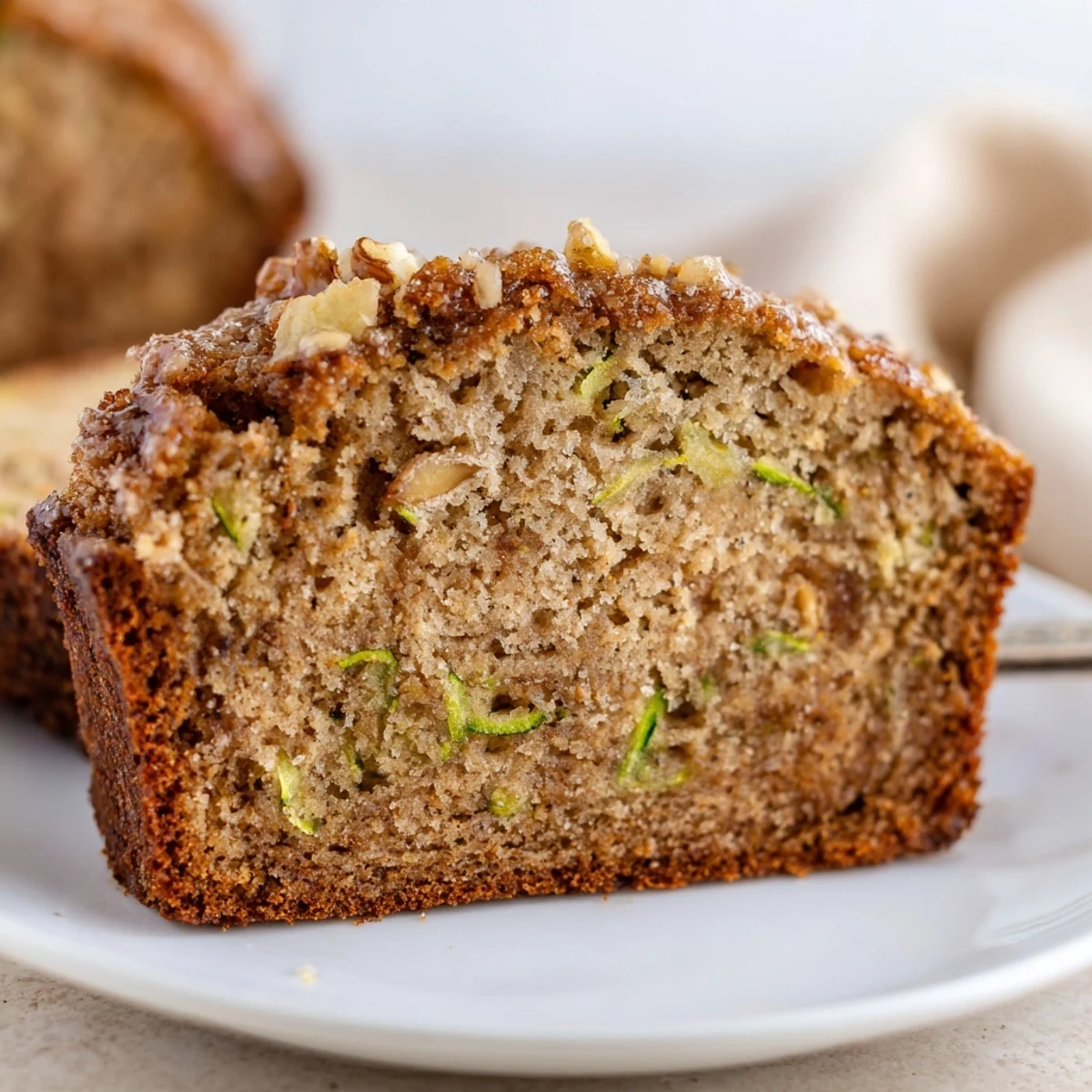 Zucchini Banana Bread sliced on wire rack, moist crumb and cinnamon aroma