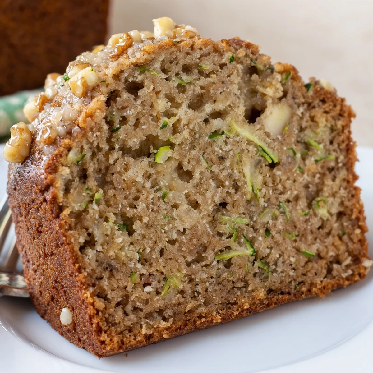 Thick slices of Zucchini Banana Bread on plate, tender, subtly sweet