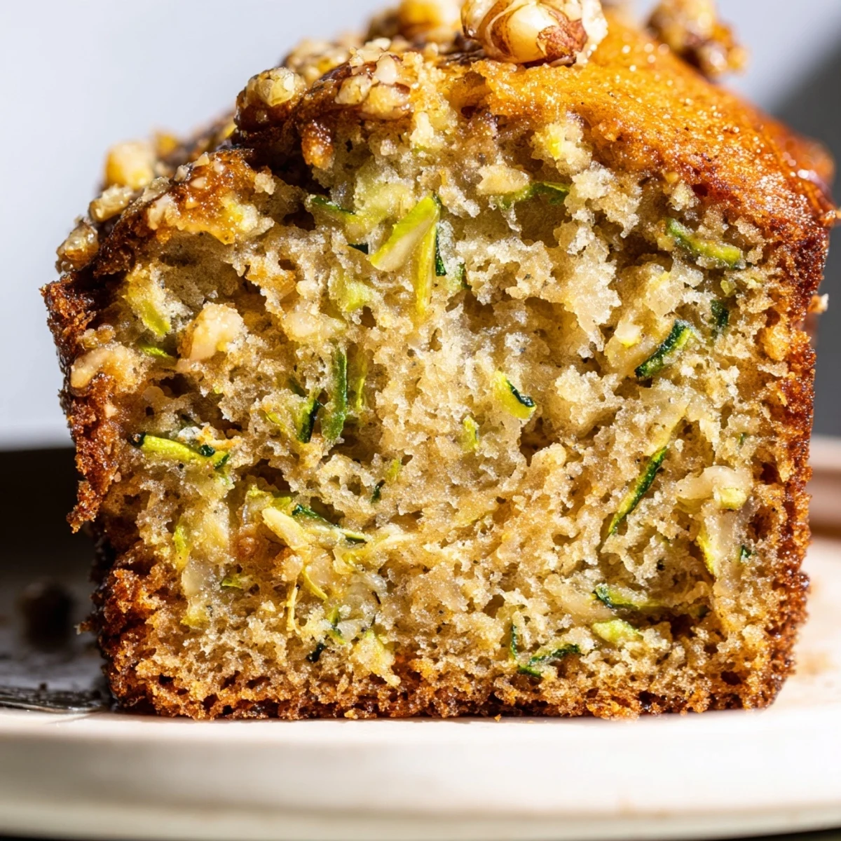 Warm Zucchini Banana Bread loaf cooling, nut-speckled slices beside coffee