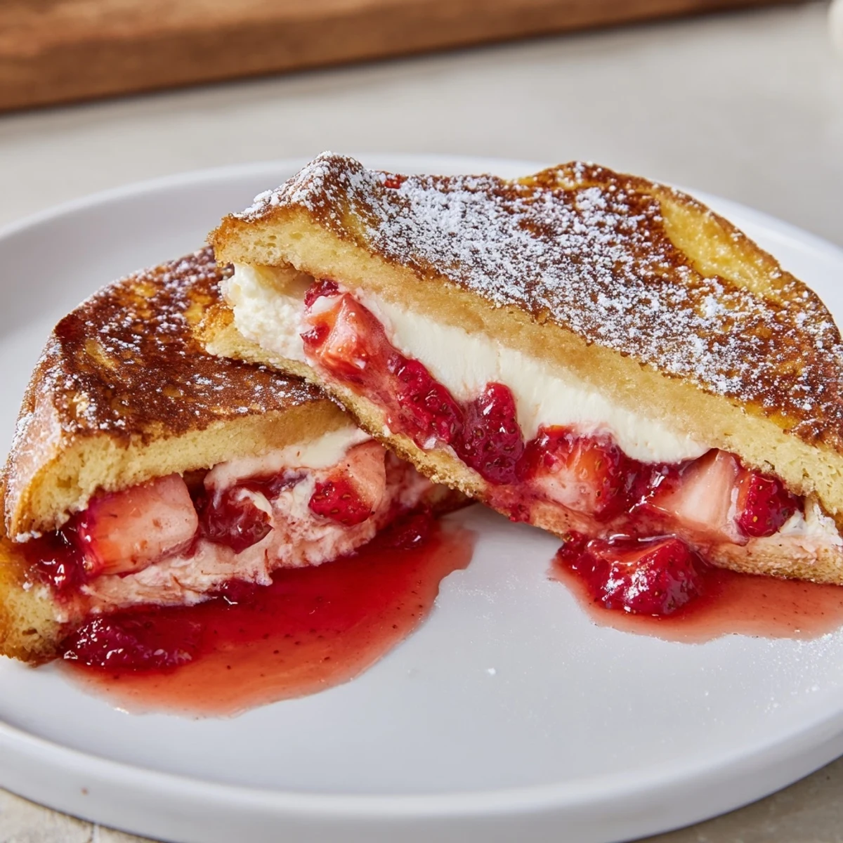 Warm Cream Cheese Stuffed French Toast With Strawberry Drizzle, sliced and ready to share