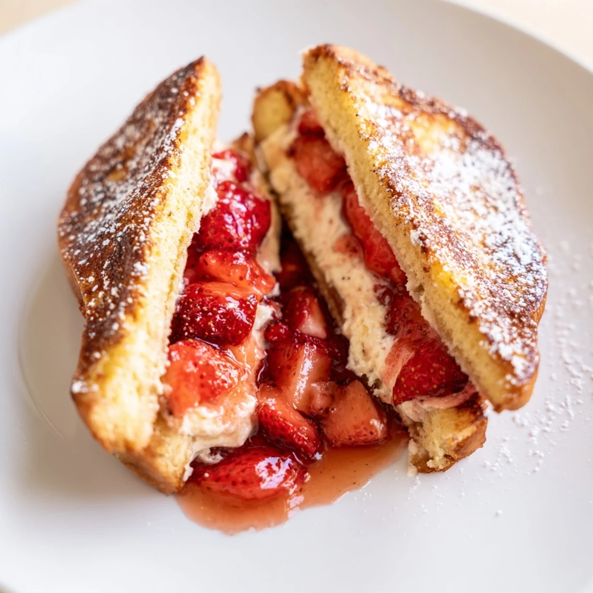 Cream Cheese Stuffed French Toast With Strawberry Drizzle, golden slices steaming with creamy filling