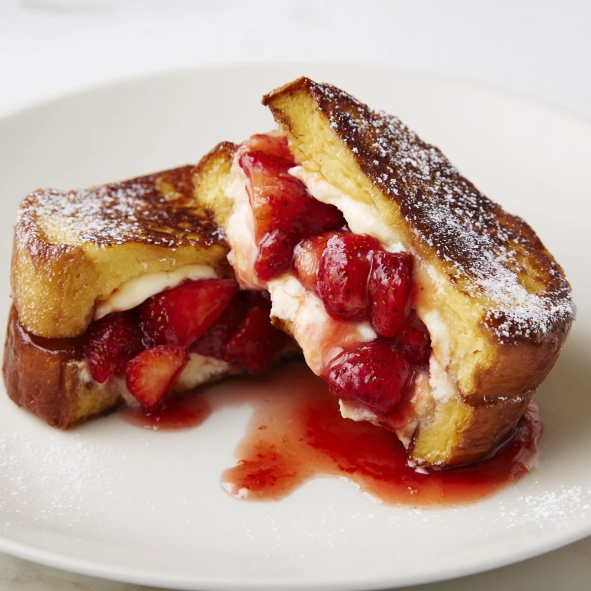 Stacked Cream Cheese Stuffed French Toast With Strawberry Drizzle, tangy filling oozing slightly