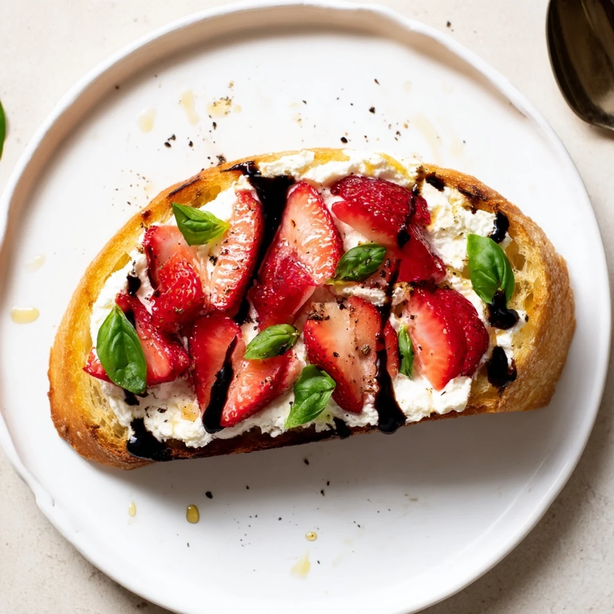 Strawberry Ricotta Bruschetta with golden toasted baguette, juicy strawberries, honey drizzle