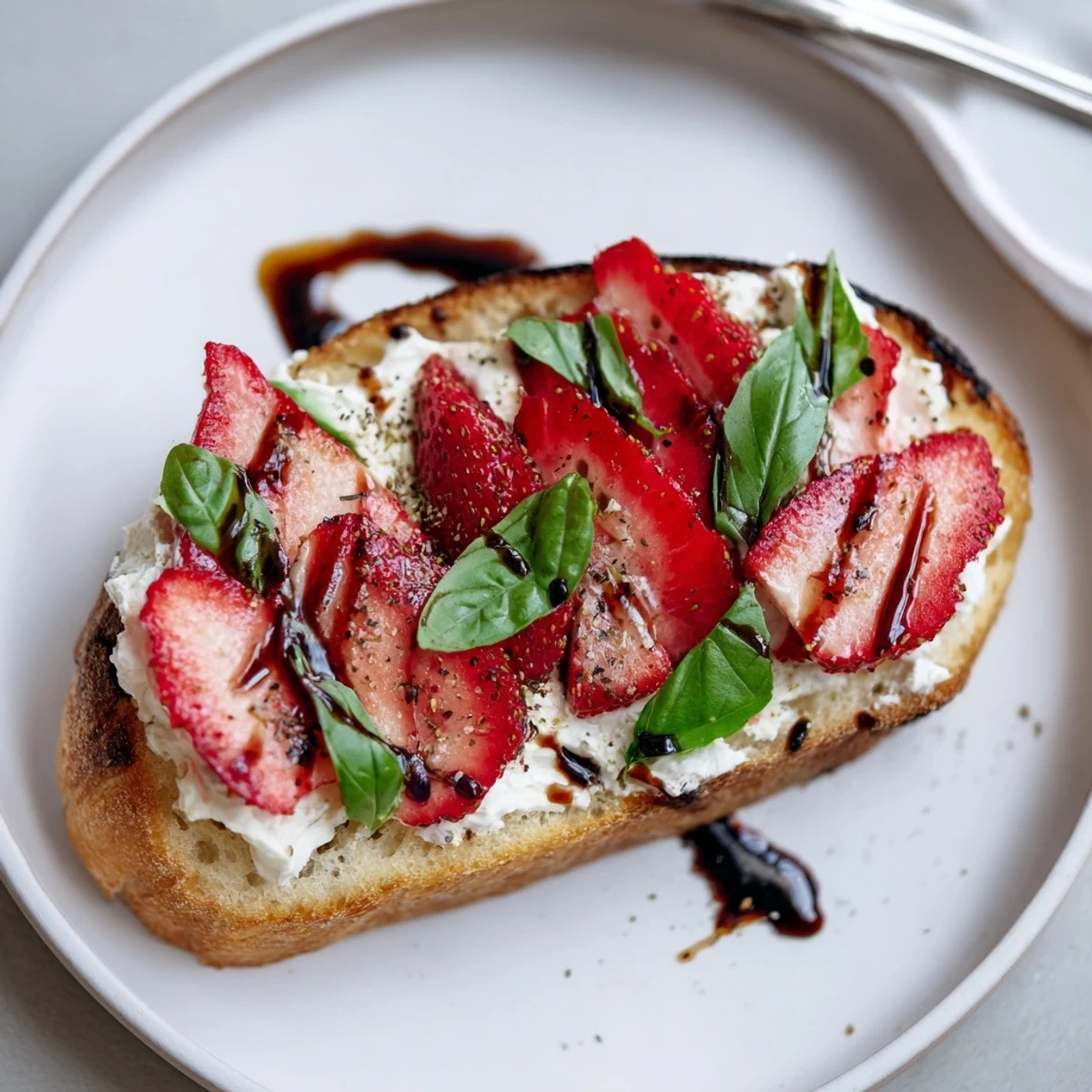 Basil scented crostini holding Strawberry Ricotta Bruschetta, drizzled balsamic sheen