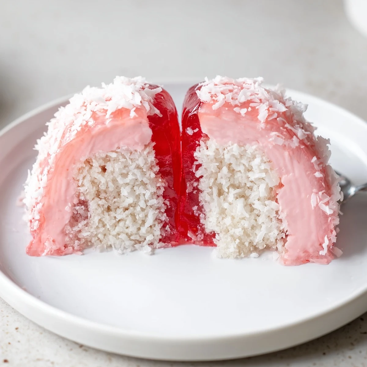 Old Fashioned Pink Jelly Cakes with coconut coating, raspberry-scented, served on doily.