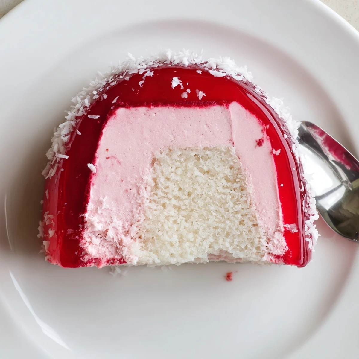 Plated Old Fashioned Pink Jelly Cakes glistening with translucent raspberry jelly, light whipped cream.