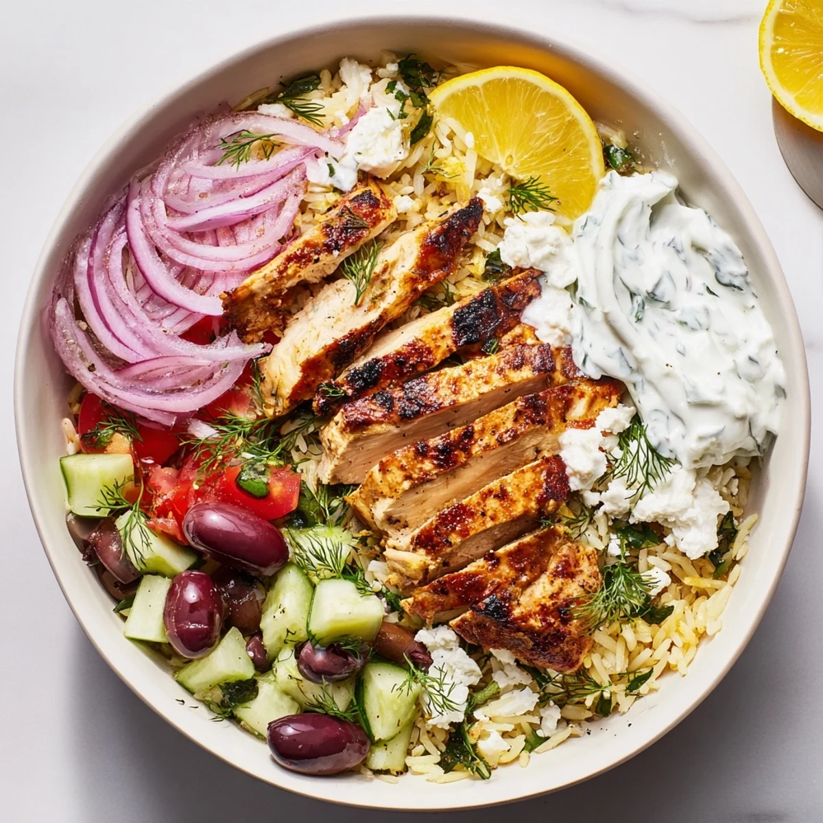 Greek Chicken Bowls with grilled lemon chicken, vibrant veggies, creamy tzatziki drizzle