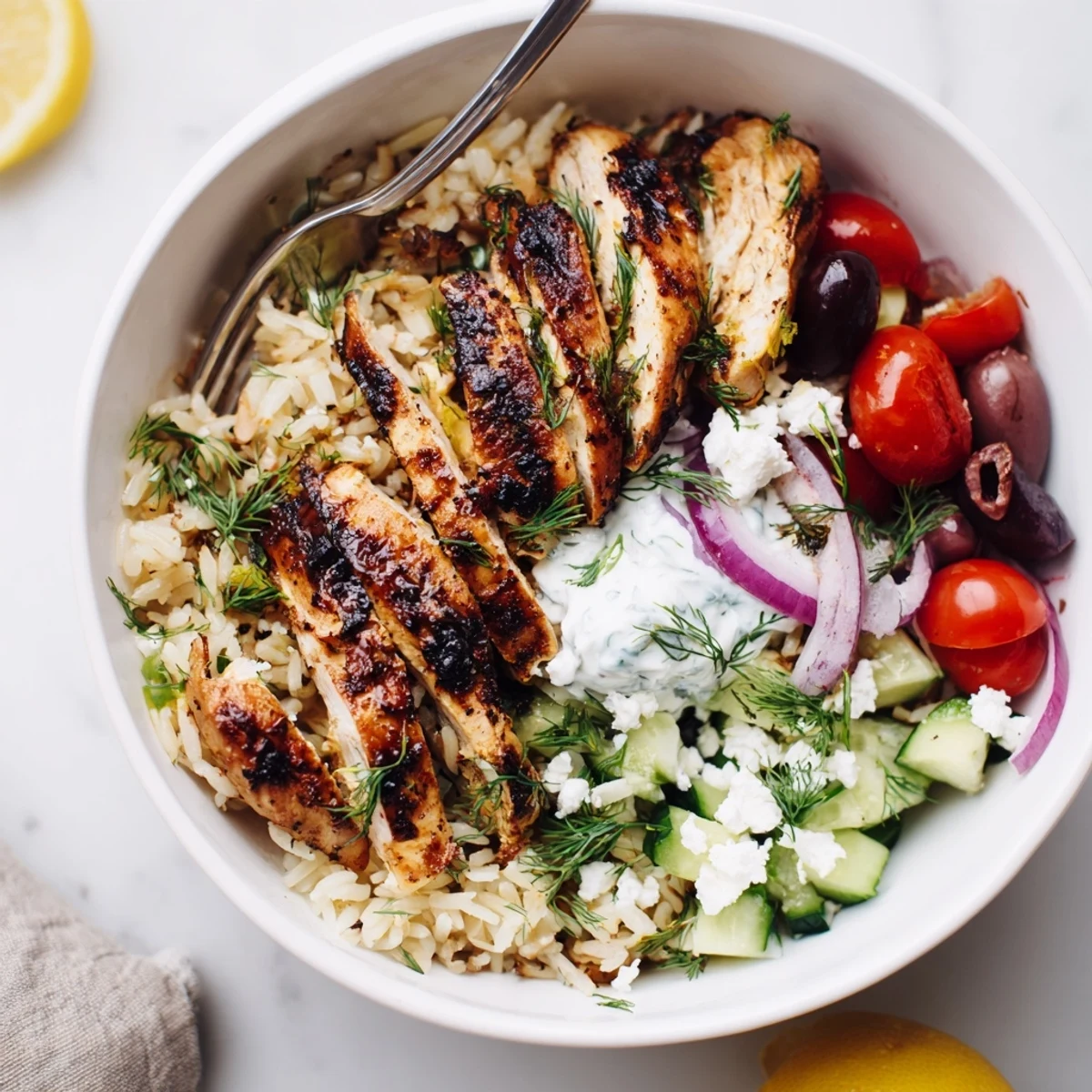 Stacked Greek Chicken Bowls served over herbed rice, feta crumbles, warm pita