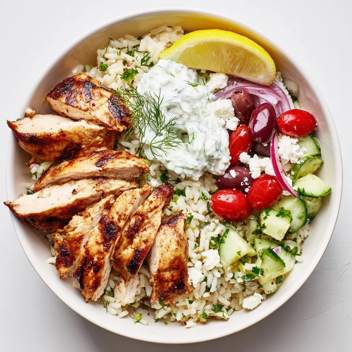 Juicy marinated Greek Chicken Bowls topped with tangy tzatziki, lemon wedges