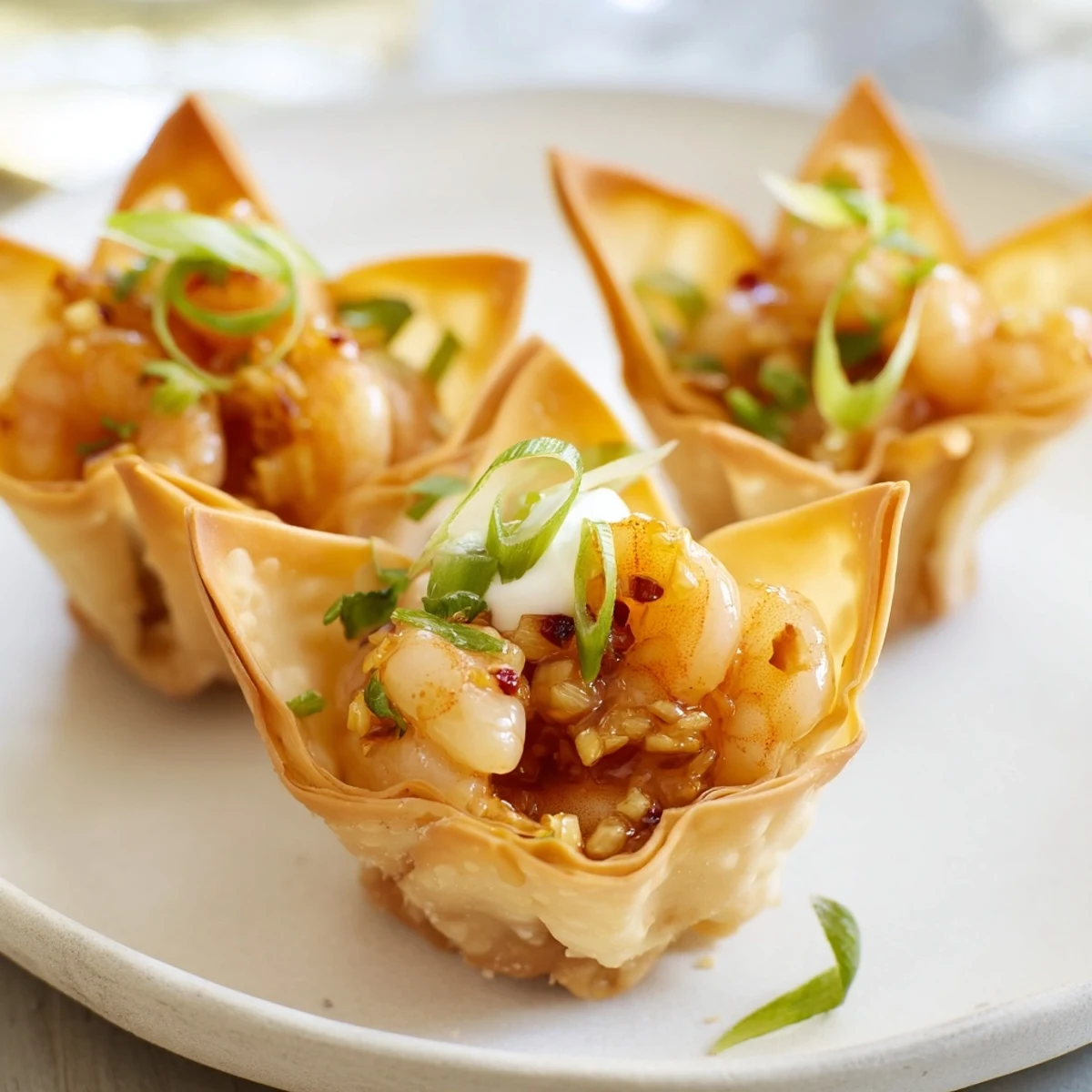 Golden, flaky Crispy Shrimp Wonton Cups With Lime Cream, zesty lime drizzle.  