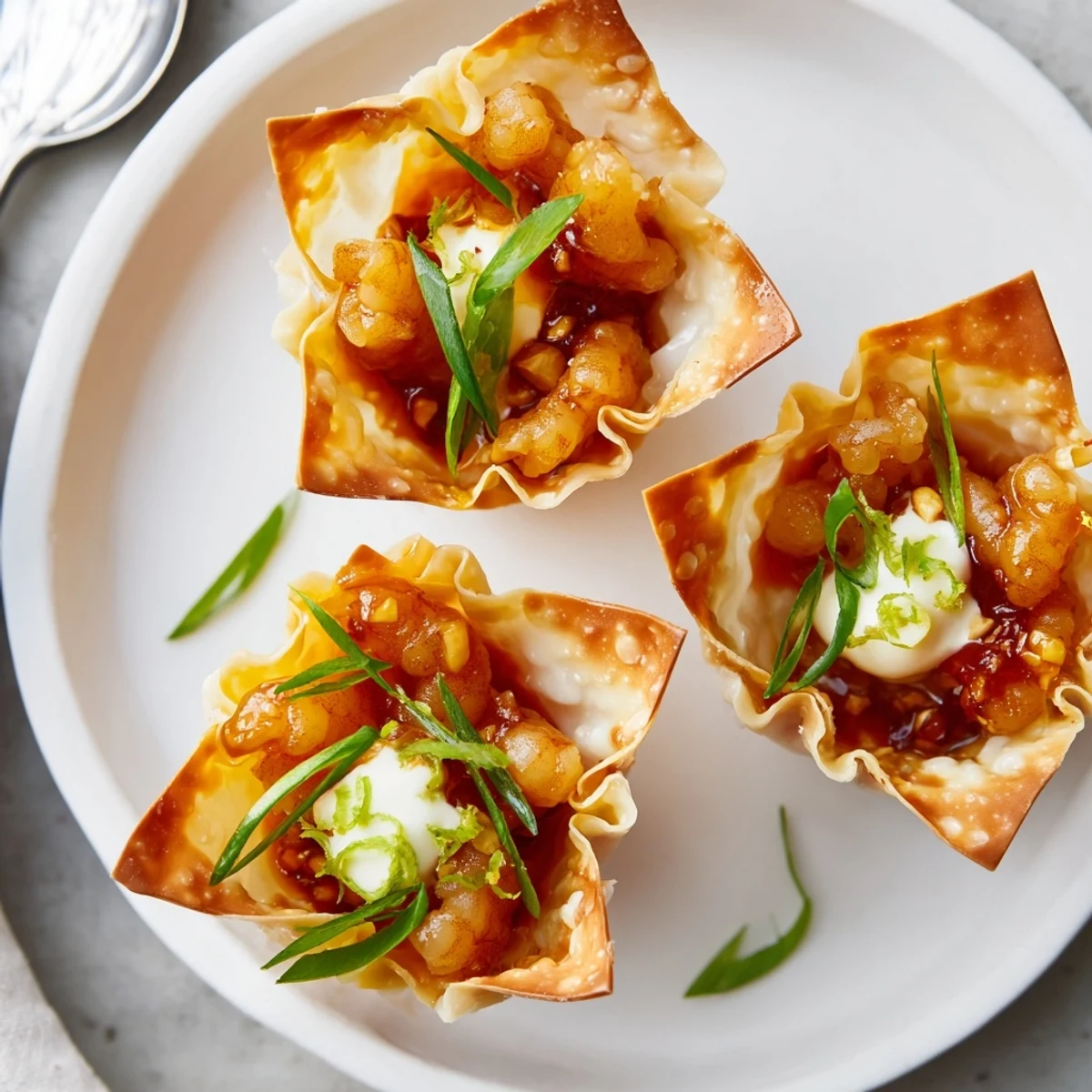 A tray of Crispy Shrimp Wonton Cups With Lime Cream, garnished with cilantro.  