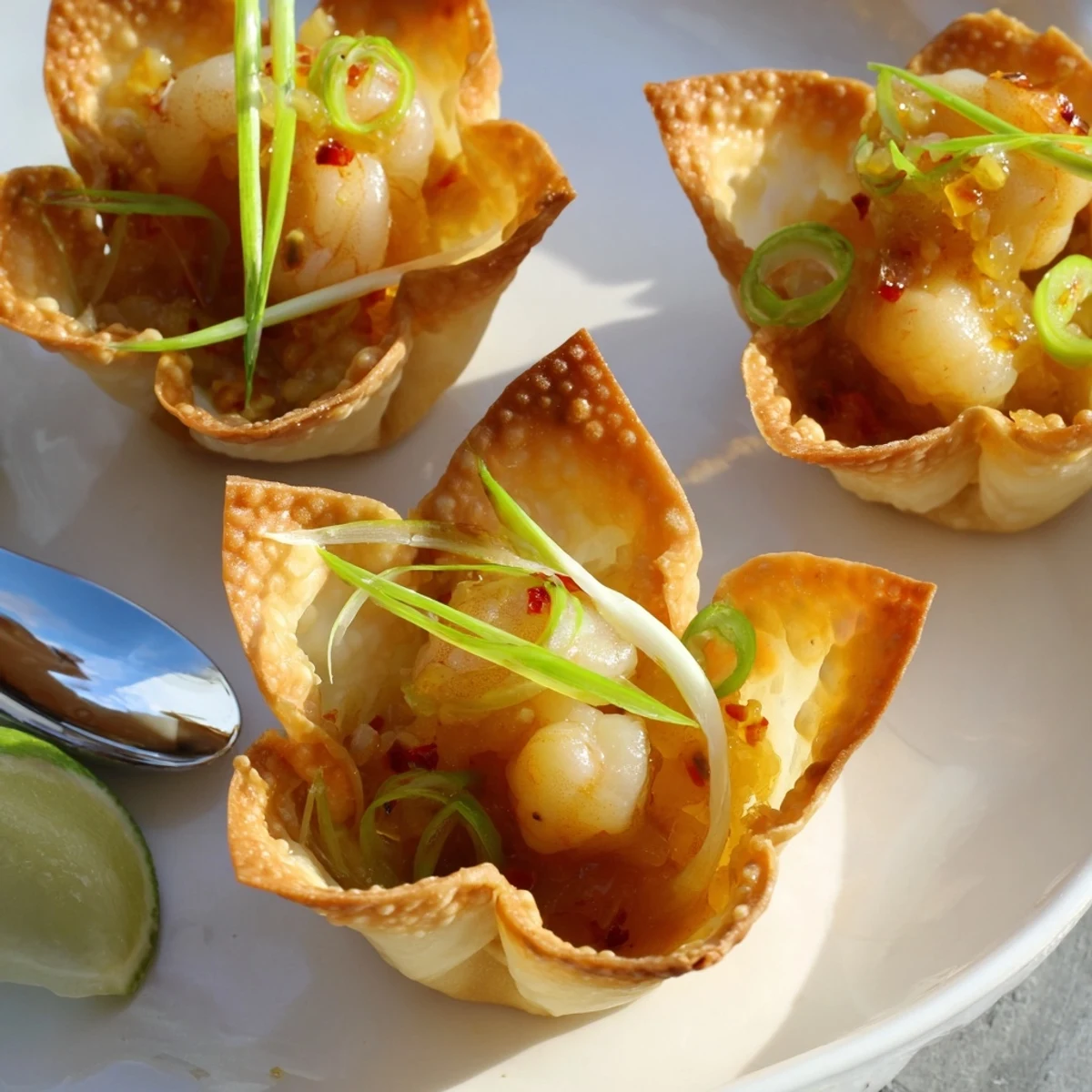 Crispy Shrimp Wonton Cups With Lime Cream served warm, creamy tang and herbs.