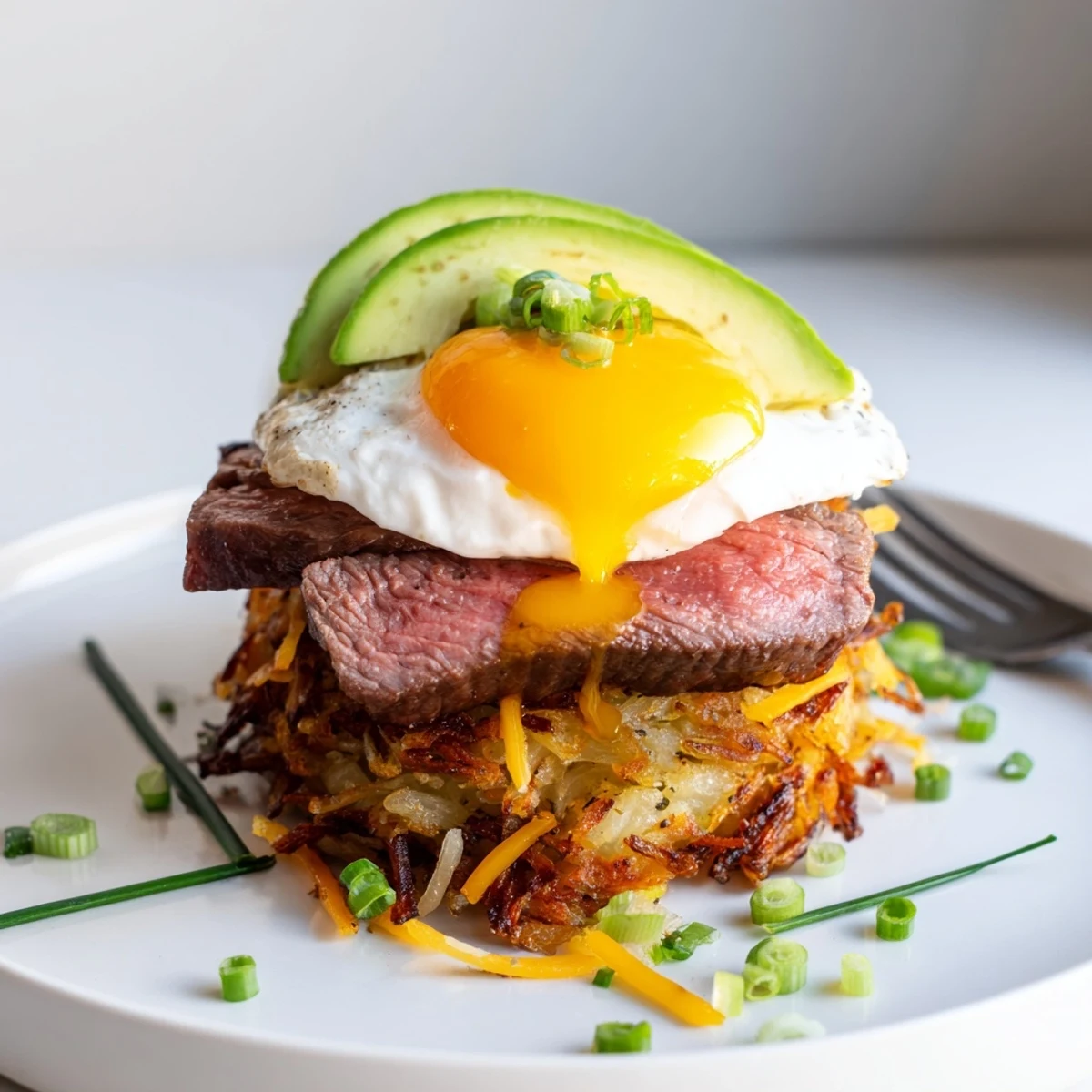 Loaded Steak Egg Hash Brown Stacks with runny yolk and melted cheddar