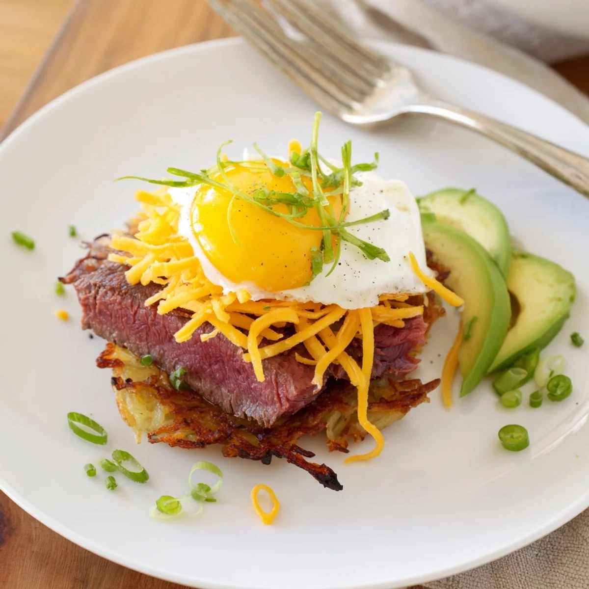 Hearty Loaded Steak Egg Hash Brown Stacks topped with avocado and sour cream