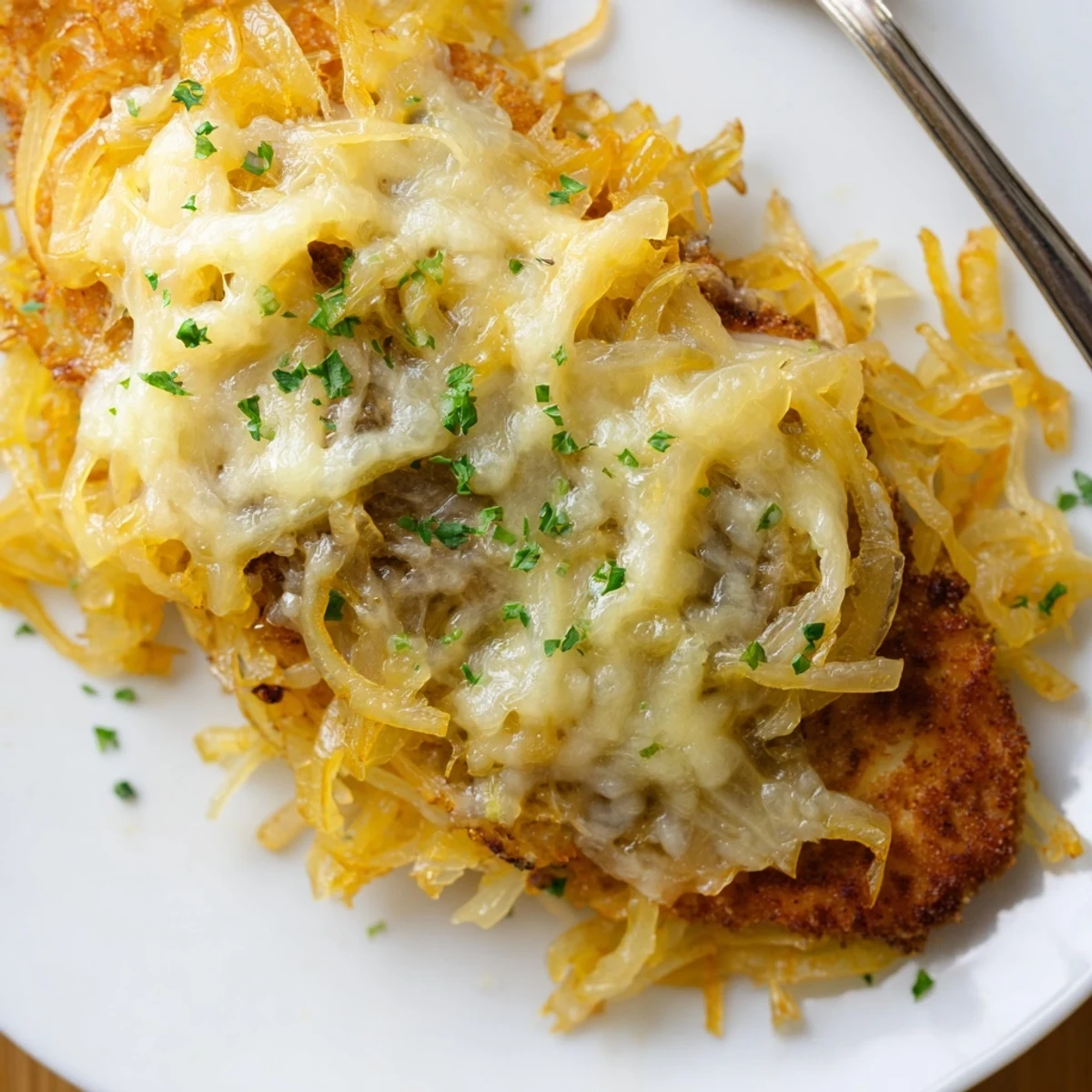 Golden Crispy Chicken Caramelized Onions Melted Cheese, bubbling cheese and browned edges.