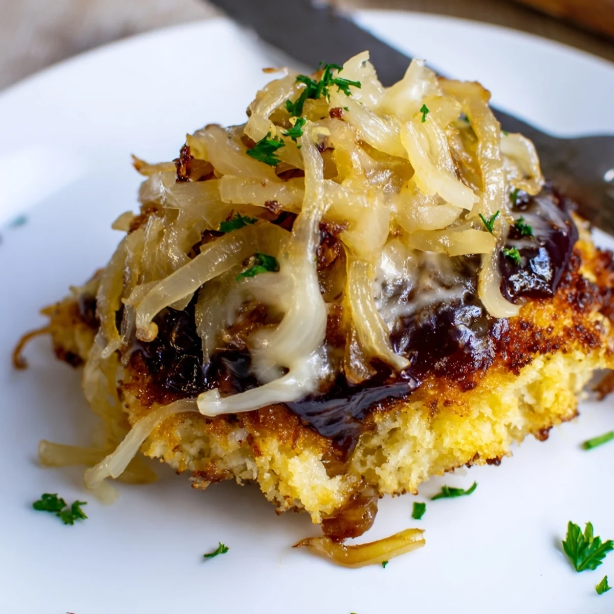 Crispy Chicken Caramelized Onions Melted Cheese plated with crisp green salad, ready to serve.