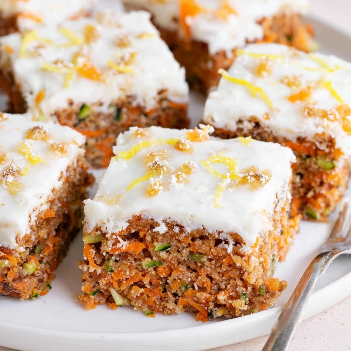 Spiced Ginger Carrot And Zucchini Bars With Lemon Cream Cheese Frosting served with tea