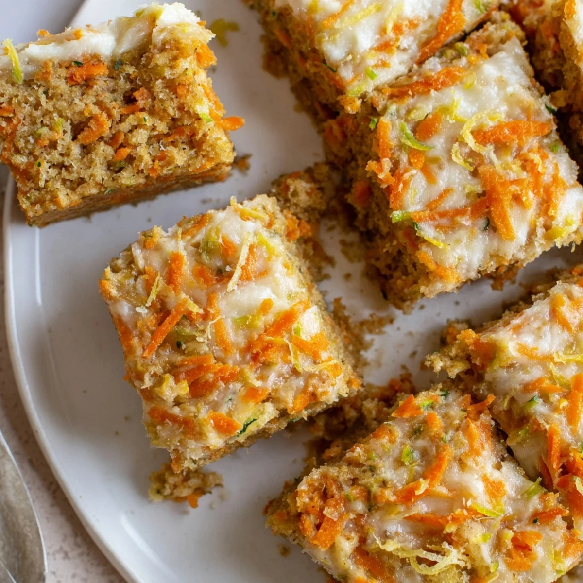 Spiced Ginger Carrot And Zucchini Bars With Lemon Cream Cheese Frosting warm, moist