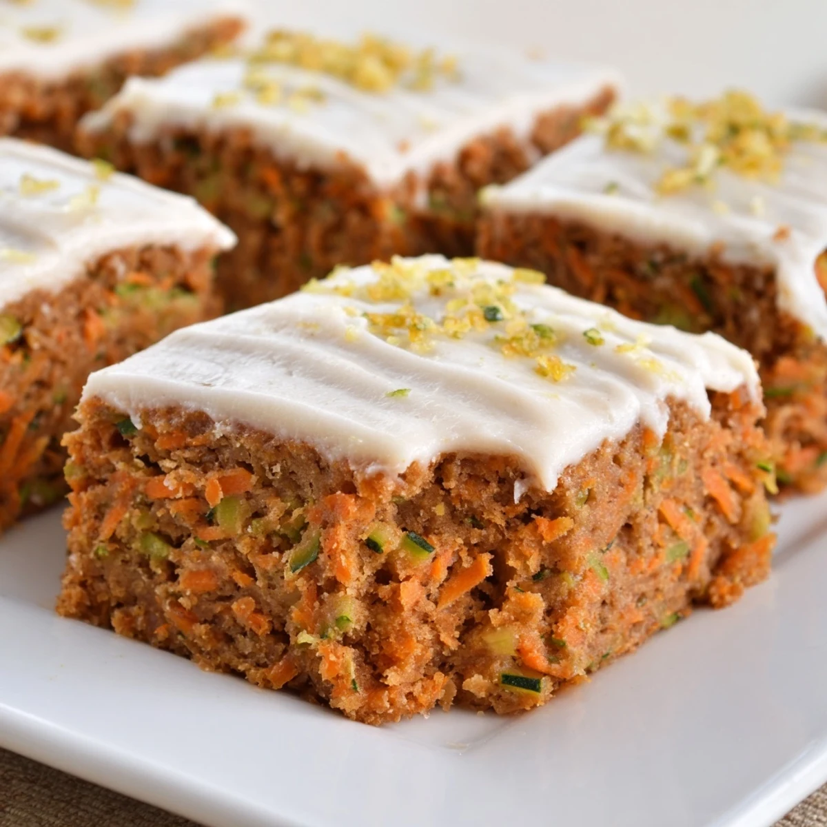 Bright lemon layered Spiced Ginger Carrot And Zucchini Bars With Lemon Cream Cheese Frosting