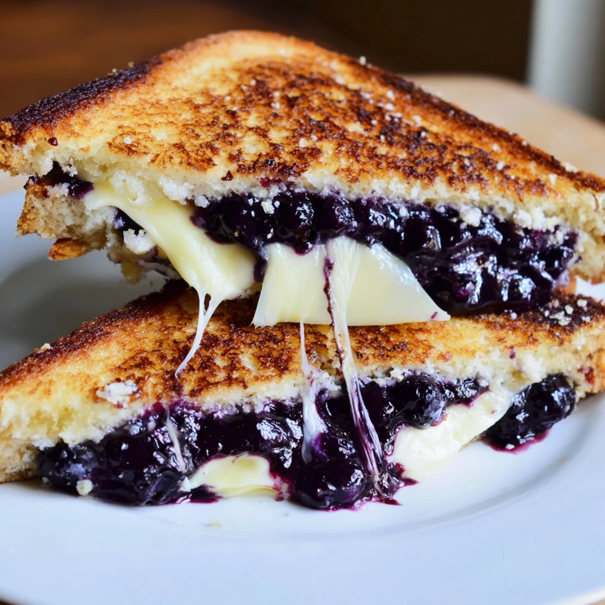 Crispy Blueberry Grilled Cheese with golden crust, melted cheddar, berry jammy interior