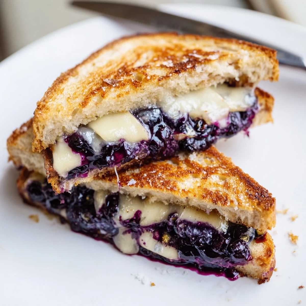 A buttery skillet-seared Crispy Blueberry Grilled Cheese, sliced and ready to serve