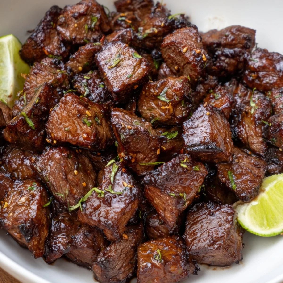 Sweet Spicy Jerk Style Beef Bites glistening with caramelized sear and lime wedges